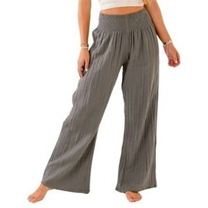 NWT Lotus and Luna Granite Wide Leg Cotton Pants Grey Smocked Waist Size XL